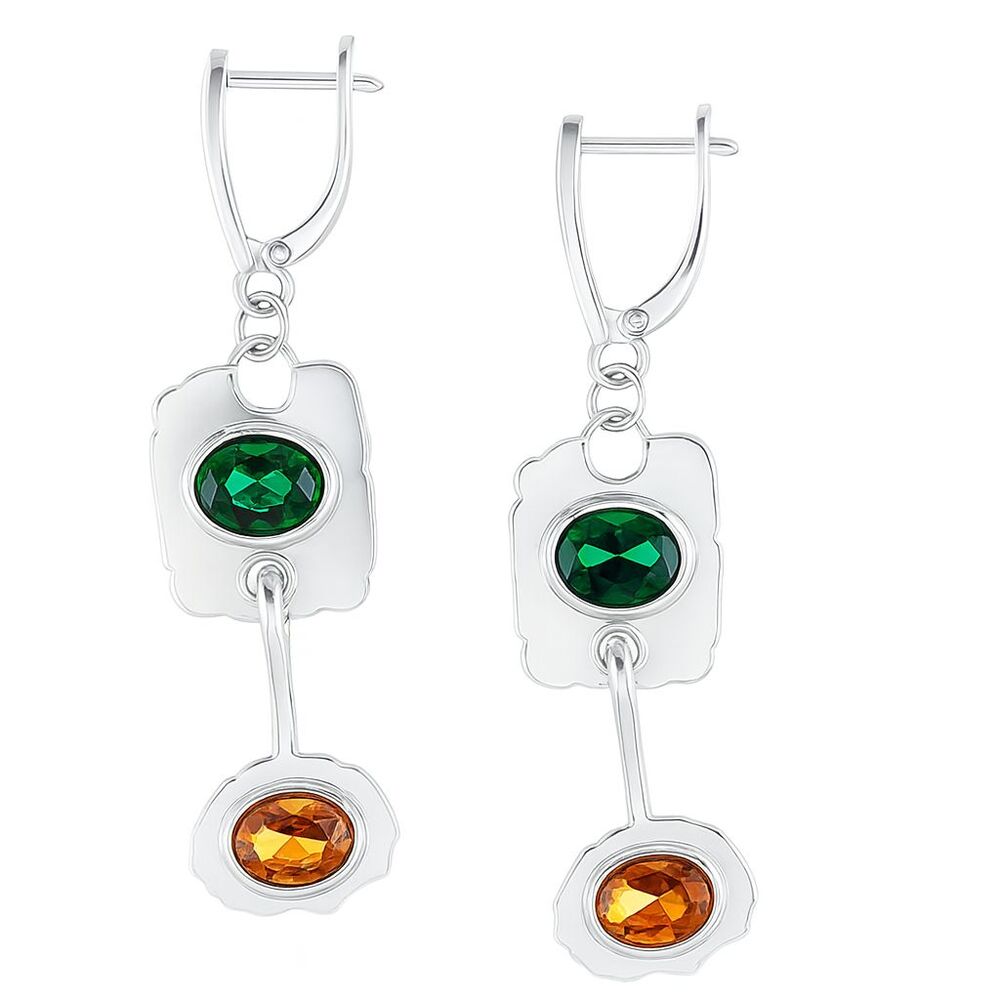 Vintage Inspired Dangle Earrings Chrome Silver Tone Plastic Stones Lever Back